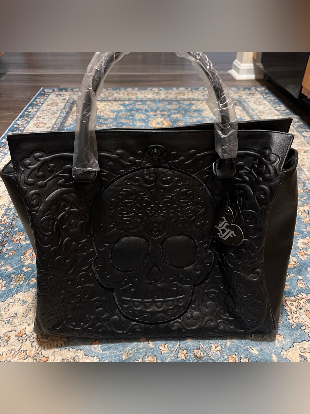 New Loungefly Black On Black Lattice Skull Tote NWT